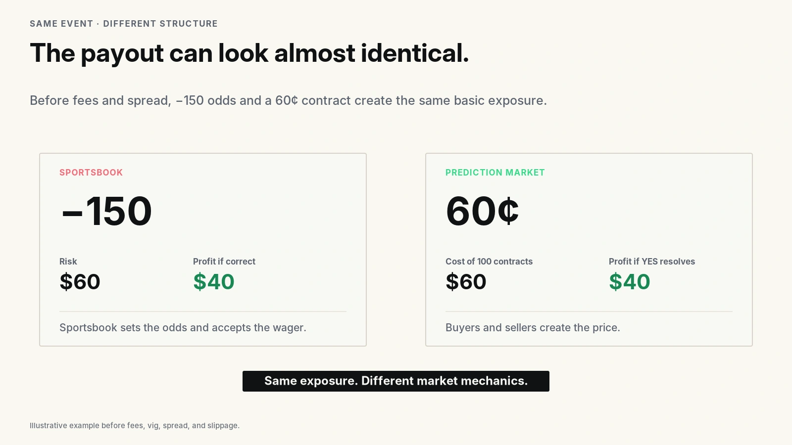 A minus 150 sportsbook wager compared with a 60-cent prediction-market contract.